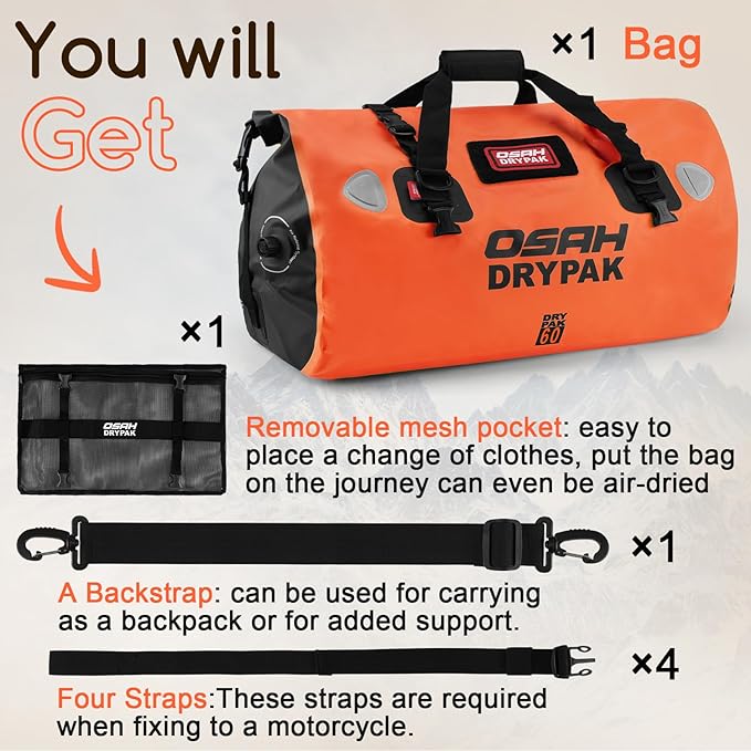 Waterproof Duffel Bag - Motorcycle Dry Bag Tail Bag with Large Storage Space, Waterproof Luggage Duffle Bags with Outer Mesh Zipper Pocket for Camping, Kayaking, Fishing & Traveling