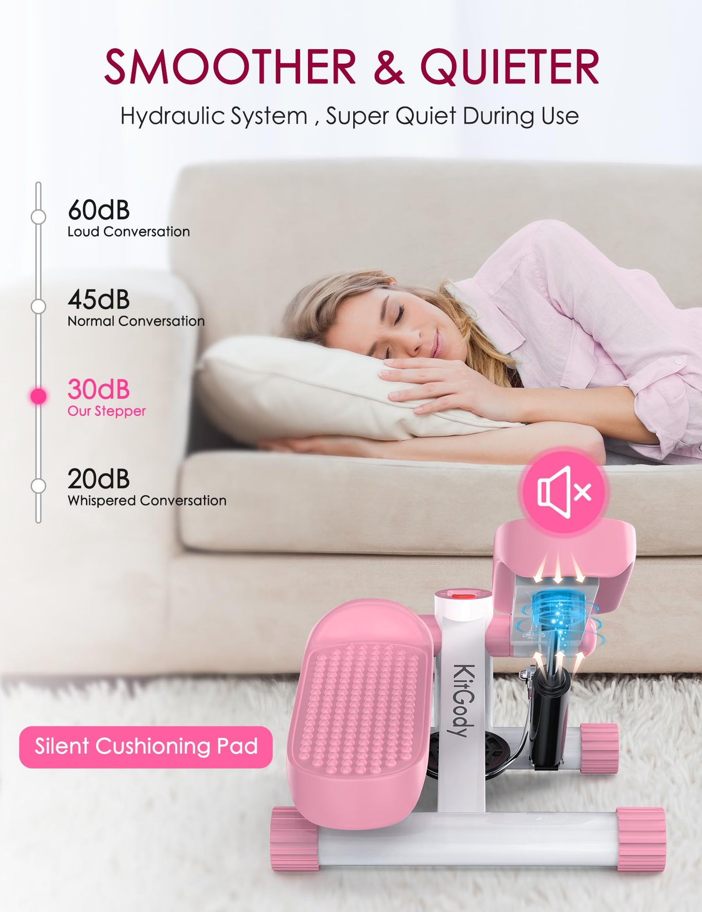 KitGody Steppers for Exercise at Home, Mini Stepper with Resistance Bands 330LBS Capacity, Stair Stepper for Home Full Body Workout Pink Stepper Machine