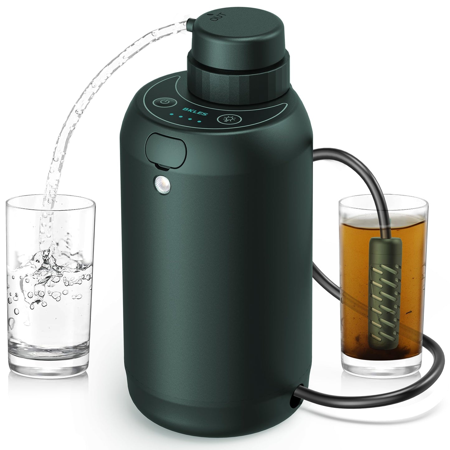BKLES Electric Water Purifier Survival, 0.01 Micron '5-Stage' Water Filtration System Survival with Emergency Lighting Water Filter for Camping Backpacking Hiking, Green