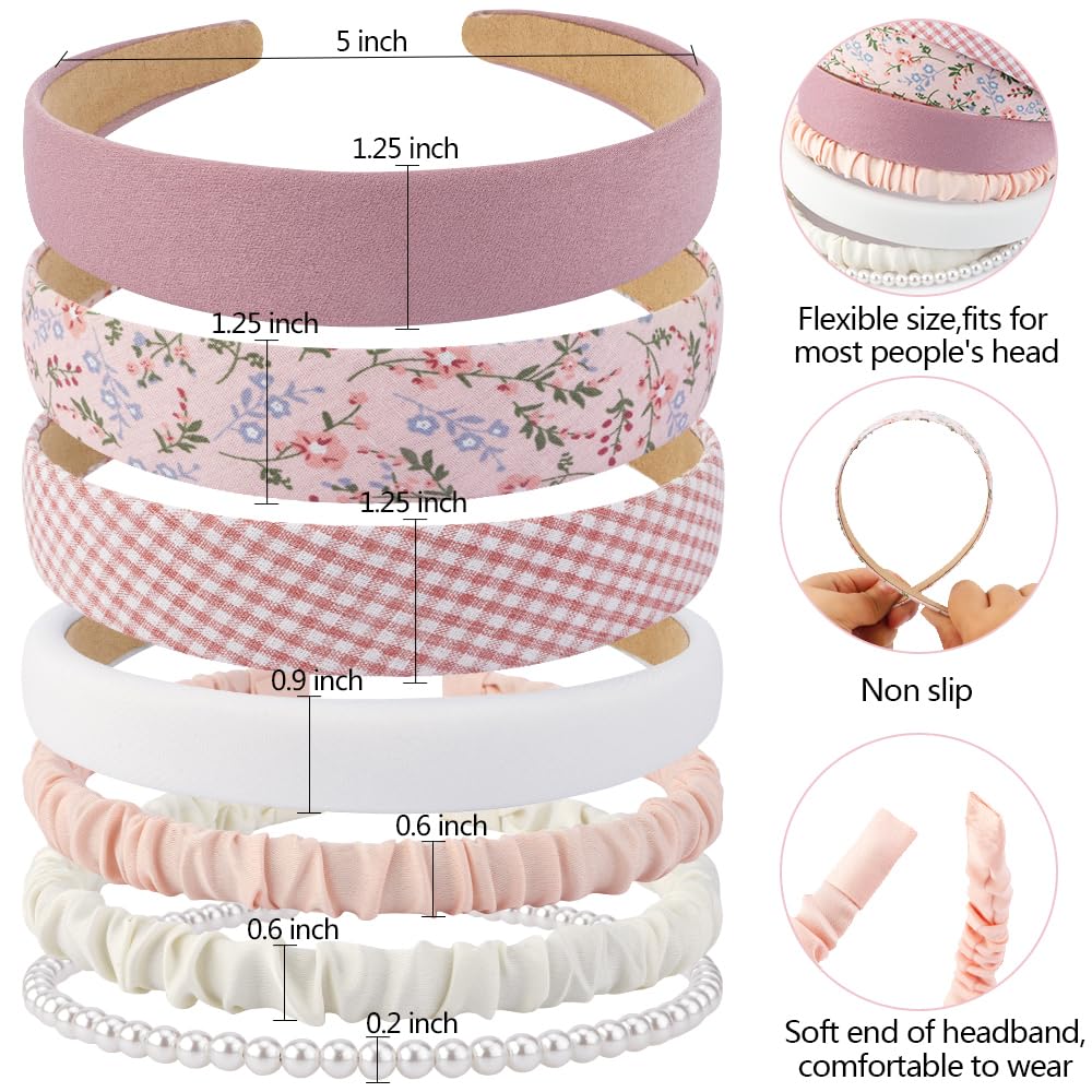 AHONEY 7 Pack Pink Headbands for Girls Women Headbands Trendy Non Slip Hairbands Cute Croquett Hair Accessories Kawaii Multi-style Headband Pack (Pink)