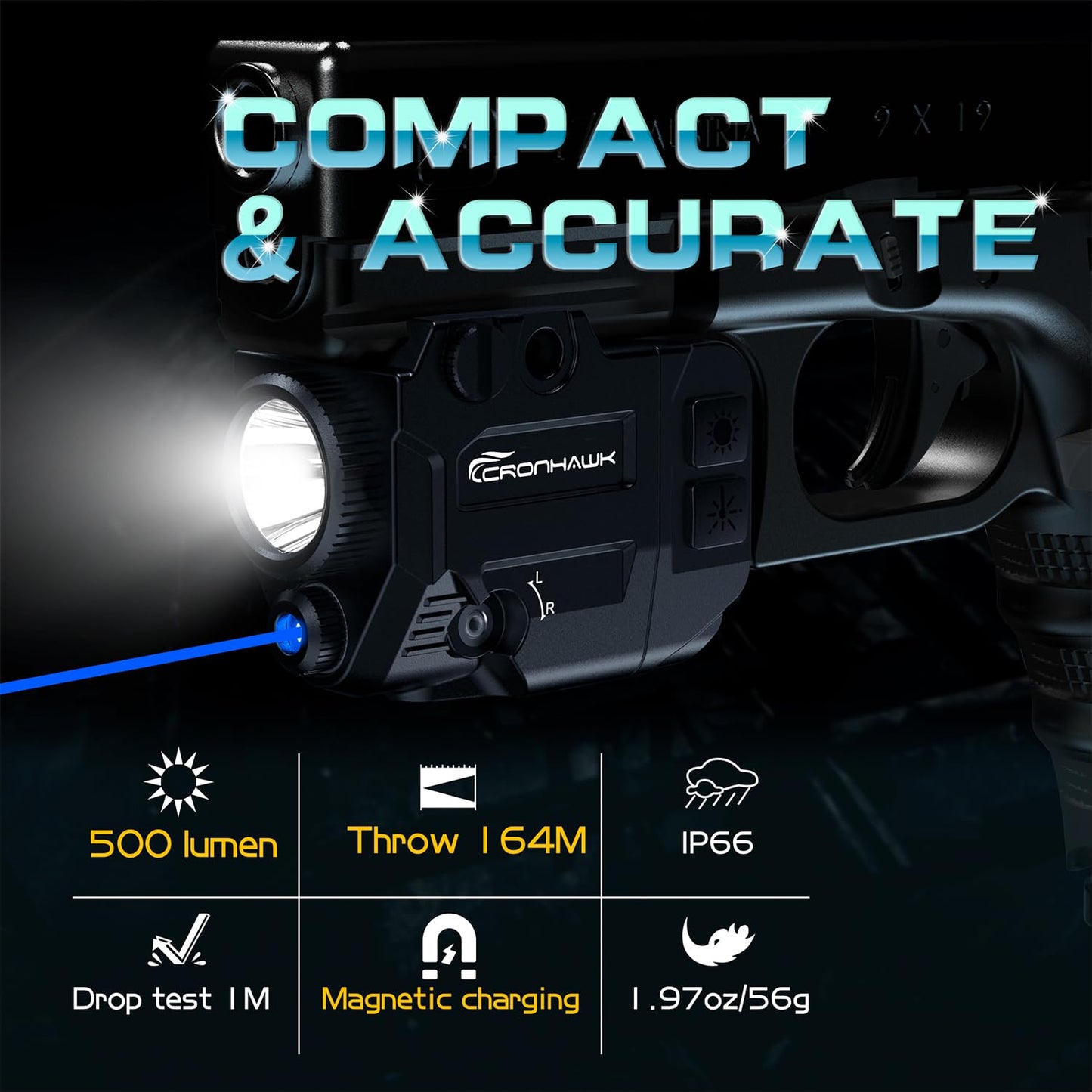 CRONHAWK 500 Lumens Tactical Weapon Flashlights Laser Sight - Rail-Mounted Light and Blue Laser Light Combo for Pistol with Picatinny Rail and GL Rails - Magnetic Charging Port