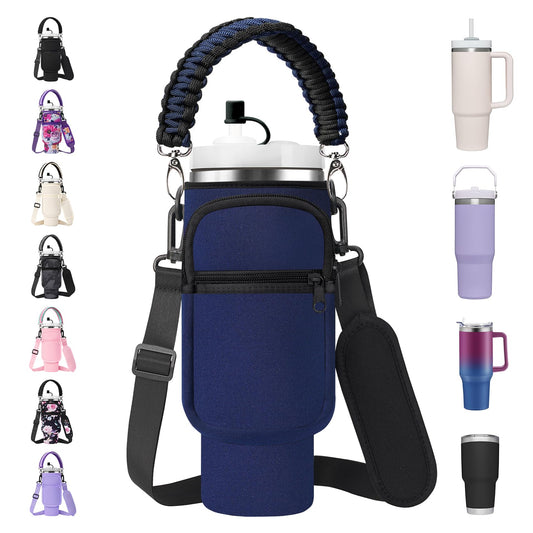 AceTreker 30 oz Water Bottle Carrier Bag with Paracord Handle for Stanley-Navy