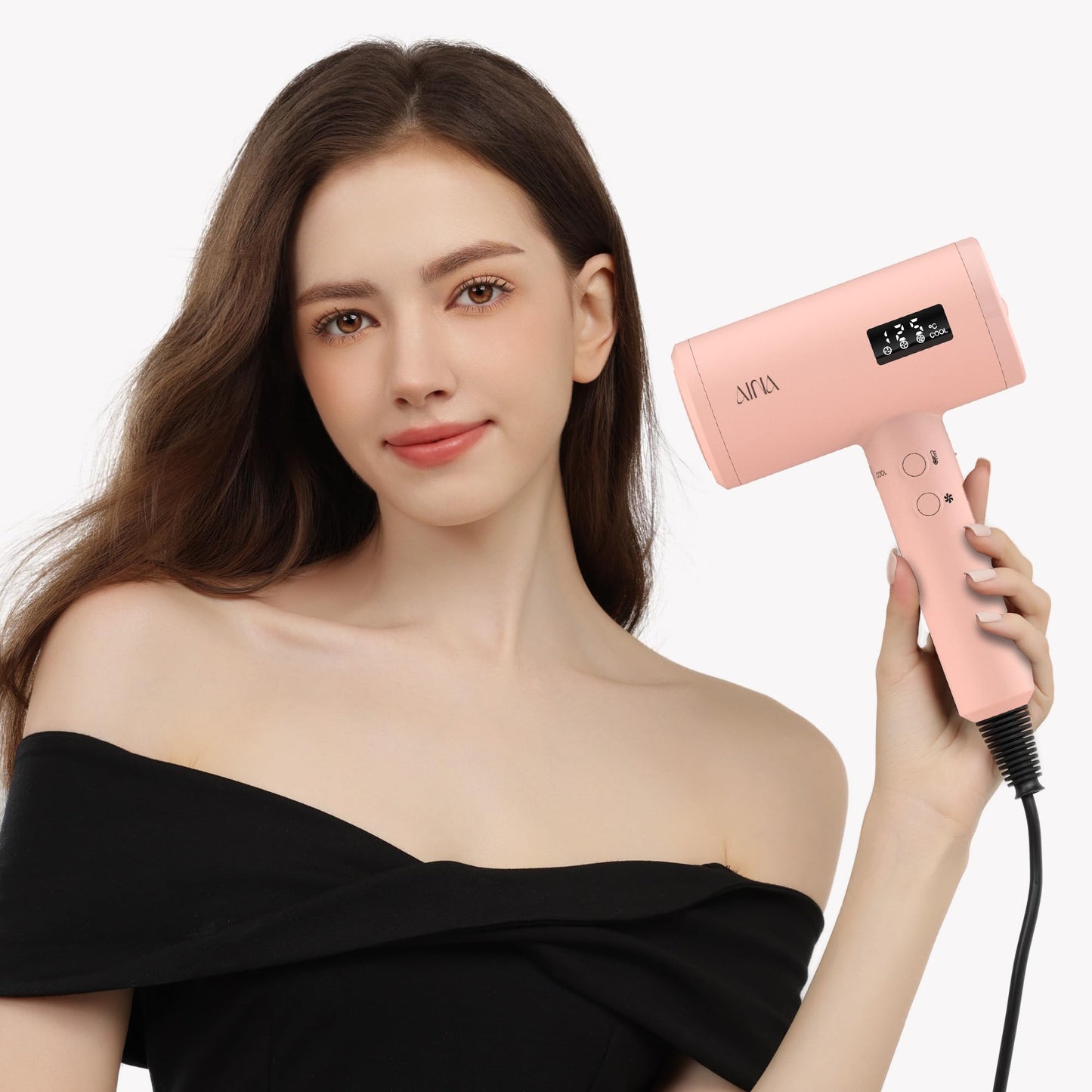 AINA Professional Salon Hair Dryer,2000W Blow Dryer with Diffuser Brush Comb for Women-BLDC Hair Dryer-Brushless Motor 150,000 RPM,Ionic,LED Display,4 Magnetic Attachments 110V/ALCI (Baby Pink)