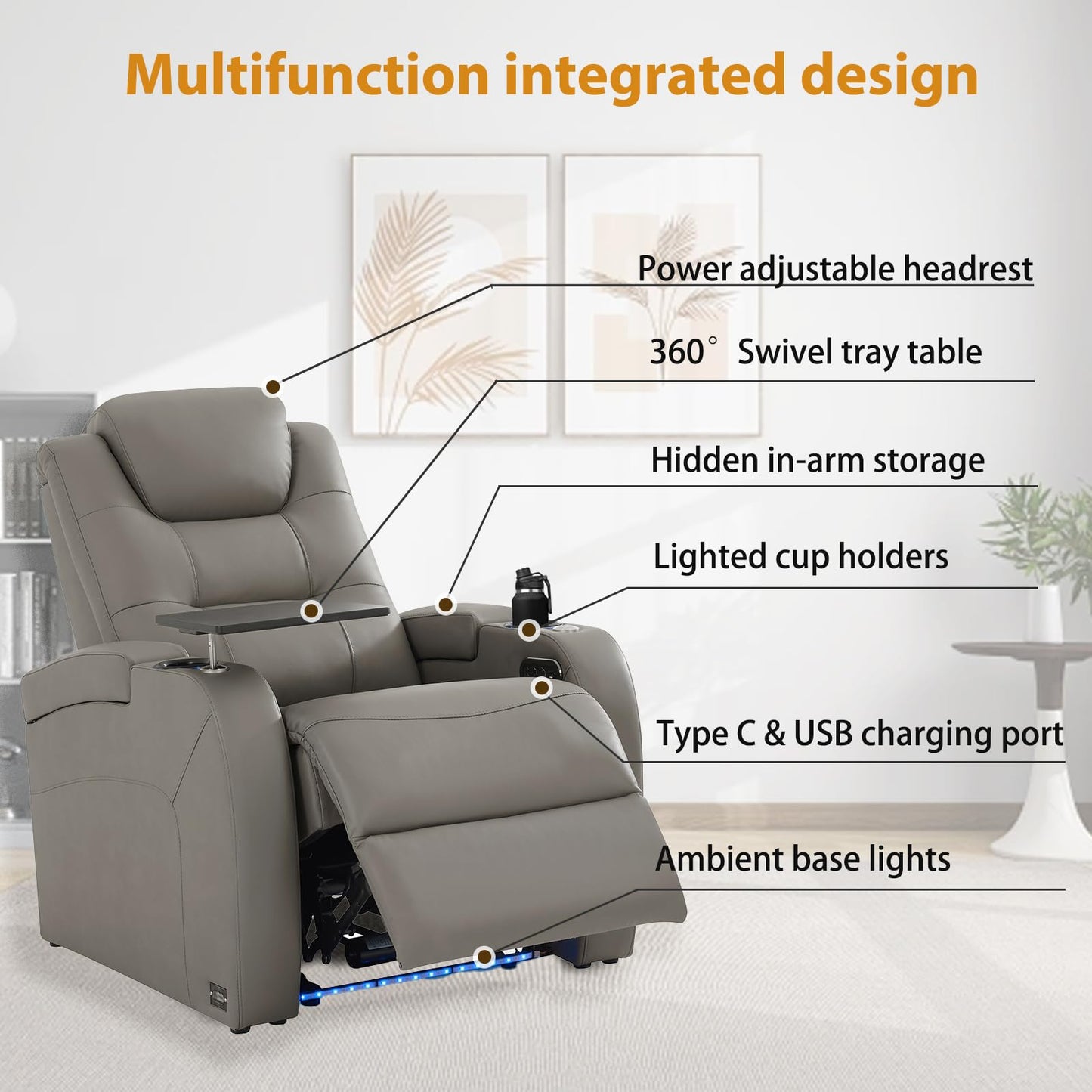comfiroom Leather Home Theater Seating, Simple Style Movie Theater Chairs with fold-Down Table, Theater Recliner Sofa with Type-C USB Charger Living Room Sofa Chair (Grey)