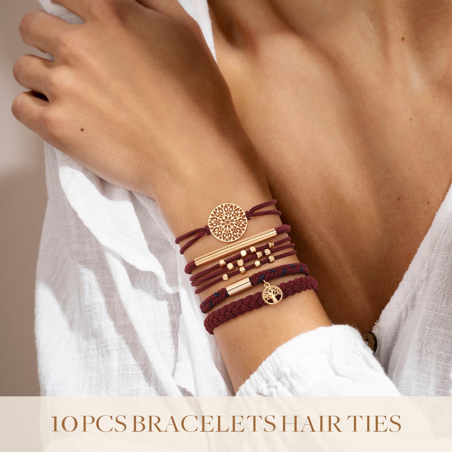 10 PCS Hair Ties Bracelets, Boho Hair Ties for Thick & Thin Hair, Cute Stretch Bracelets, Braided Hair Ties for Ponytail Holders, 5 Styles Hair Ties No-Damage, Blue