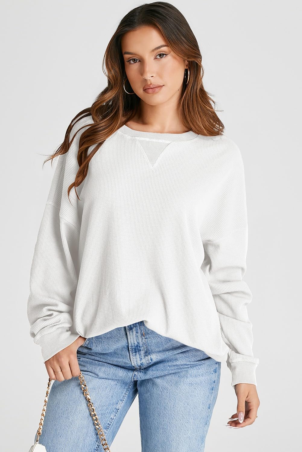 AlvaQ Women Sweatshirt 2024 Casual Long Sleeve Drop Shoulder Waffle Knit Overszied Sweatshirts Pullover Tunic Tops Fall Clothes White X-Large