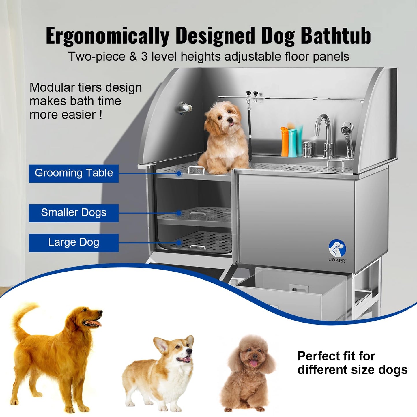 Professional Dog Washing Station 50" w/Integrated Ramp for Home, Stainless Steel Bathing Station for Large, Medium & Small Pet Dog Grooming Tub with Door, Storage Drawer