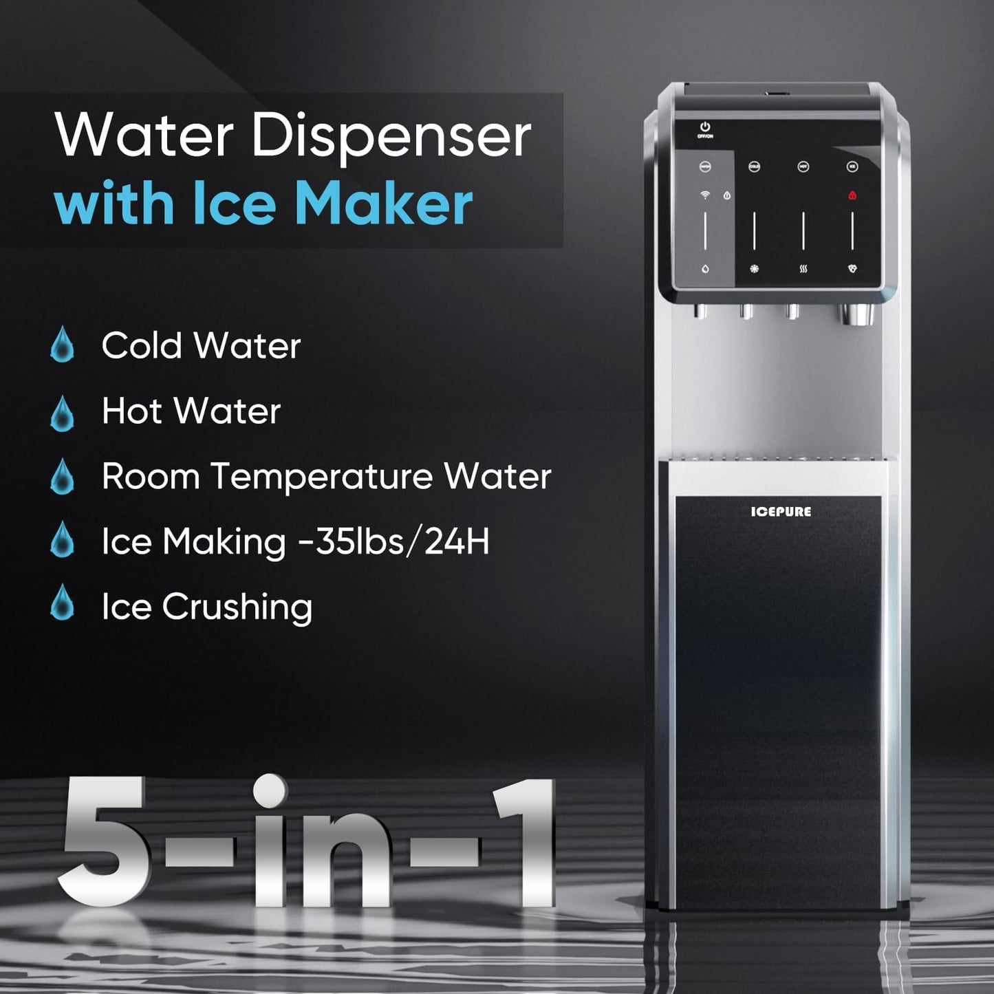 ICEPURE 5-in-1 Water Cooler with Ice Maker, Bottom Load for 5 Gallon Bottle, WIFI, Bullet and Crushed/Chewable Ice, 35lbs/24H, Hot and Cold Water, Water Dispenser Built-in Ice Machine, Stainless Steel