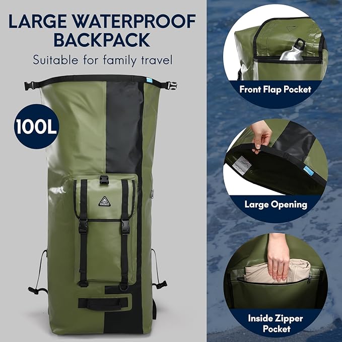 Haimont 100% Waterproof Roll-Top Backpack Heavy Duty Large Capacity IPX7 Dry Bag for Kayaking Rafting SUP Camping, 60/100L