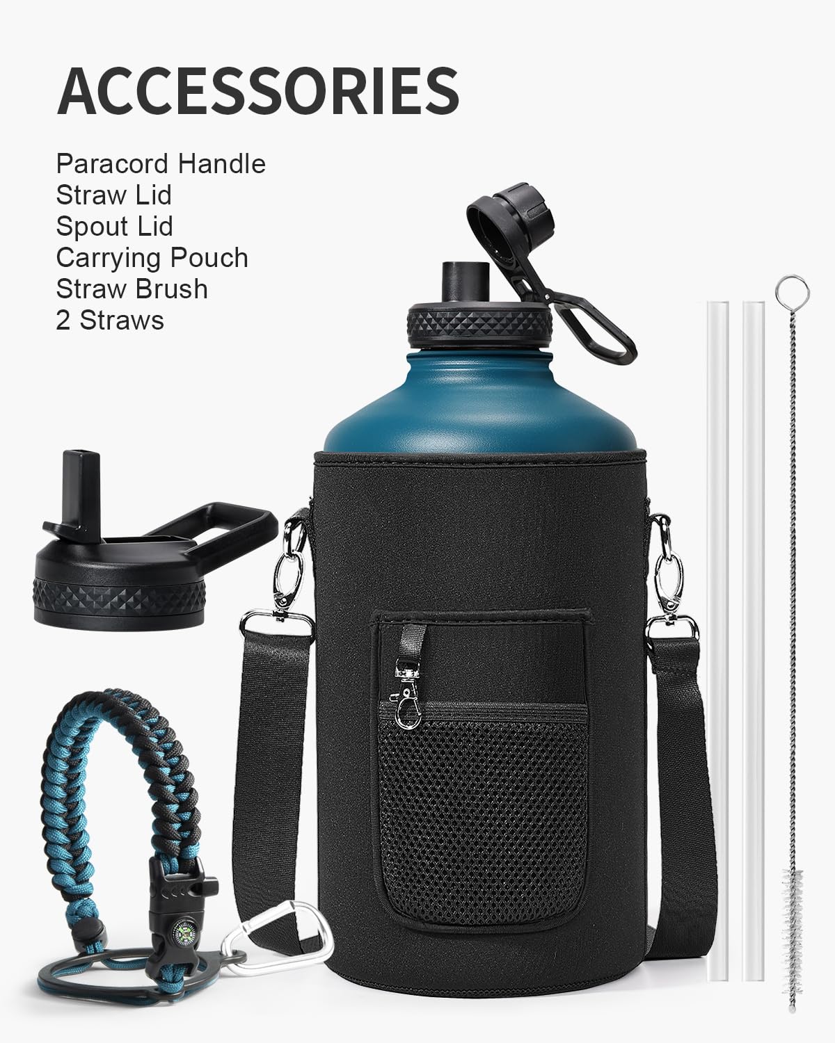 Topre One Gallon Water Bottle,128oz Insulated Flask Stainless Steel Vacuum, Cold for 48 Hrs,BPA-Free & Leakproof -with Paracord Handle,Strap,Straw Spout Lids,Large Jug for Gym Sports,Indigo Black