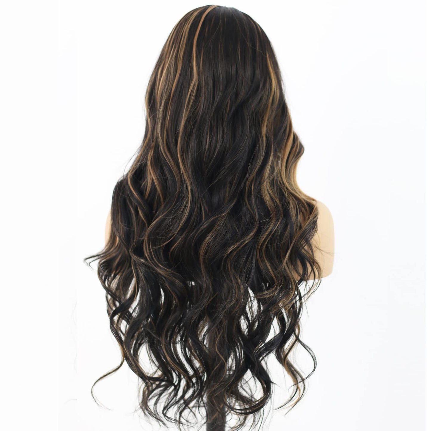 ANDRIA Highlight Brown Lace Front Wig Loose Wave with Baby Hair Dark Roots Ombre Brown Glueless Black and Brown Long Body Wave Synthetic Heat Resistant Fiber Colorful Wigs for Black Women