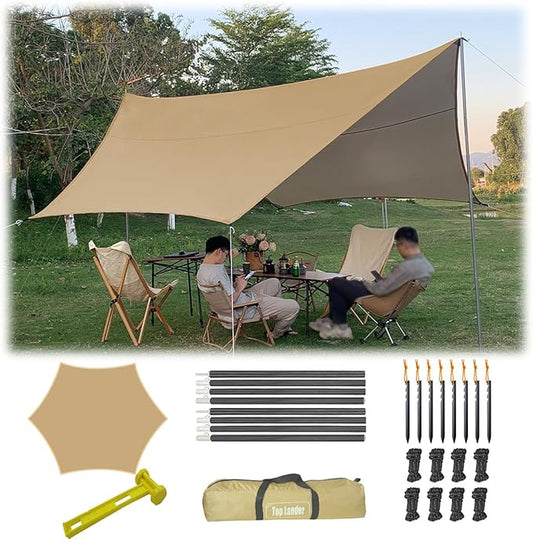 15ft x 15ft Camping Tarp Shelter with Poles Large Tent Tarp Waterproof Rain Fly for Hammock Cover Bushcraft Picnic Backpacking Outdoor Survival
