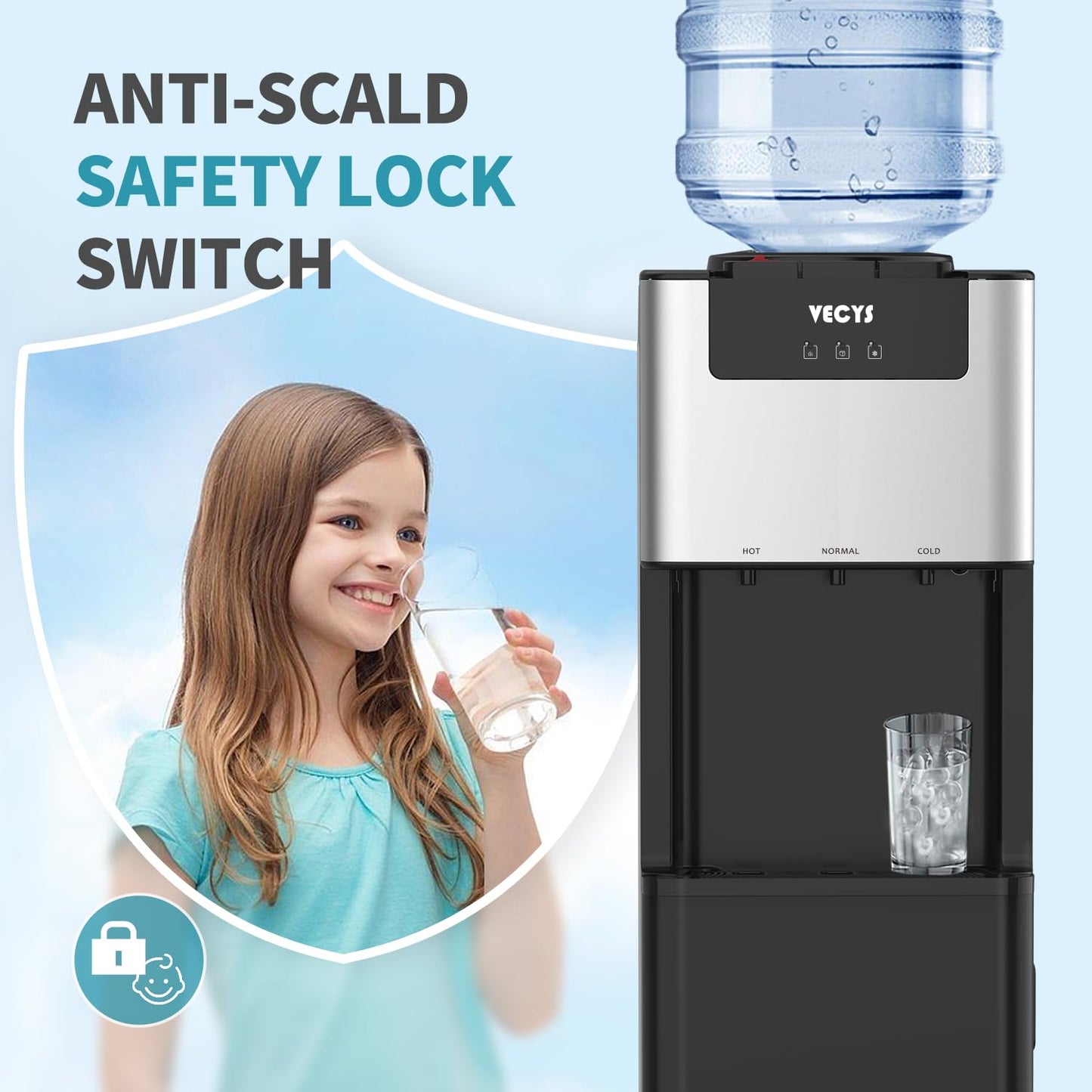 VECYS 3 in 1 Water Dispenser with Ice Maker, 27LBS Daily Ice Making and Hot Cold Water Supply, Child Safety Lock and Compatible with 3 or 5 Gallon Bottles