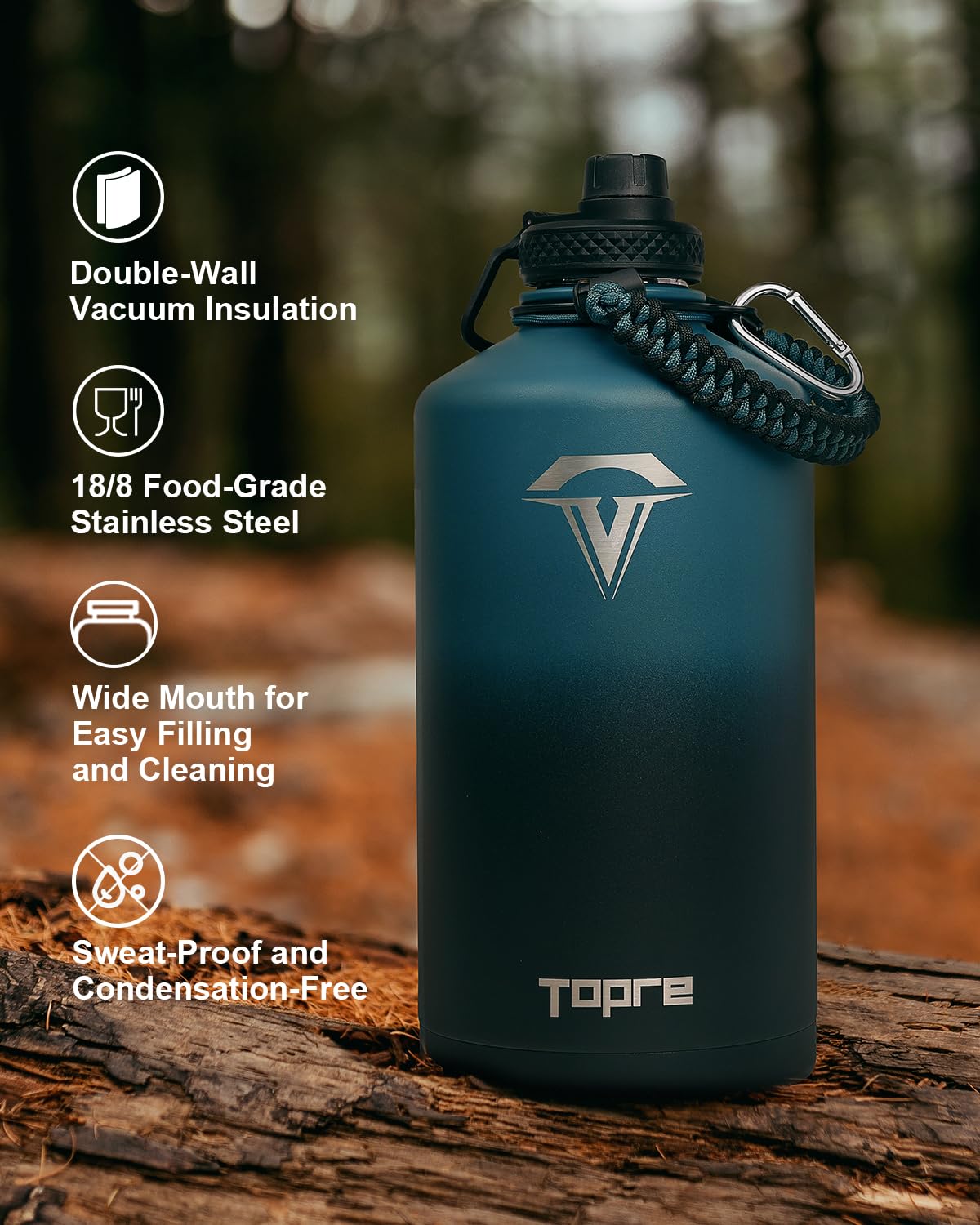 Topre One Gallon Water Bottle,128oz Insulated Flask Stainless Steel Vacuum, Cold for 48 Hrs,BPA-Free & Leakproof -with Paracord Handle,Strap,Straw Spout Lids,Large Jug for Gym Sports,Indigo Black