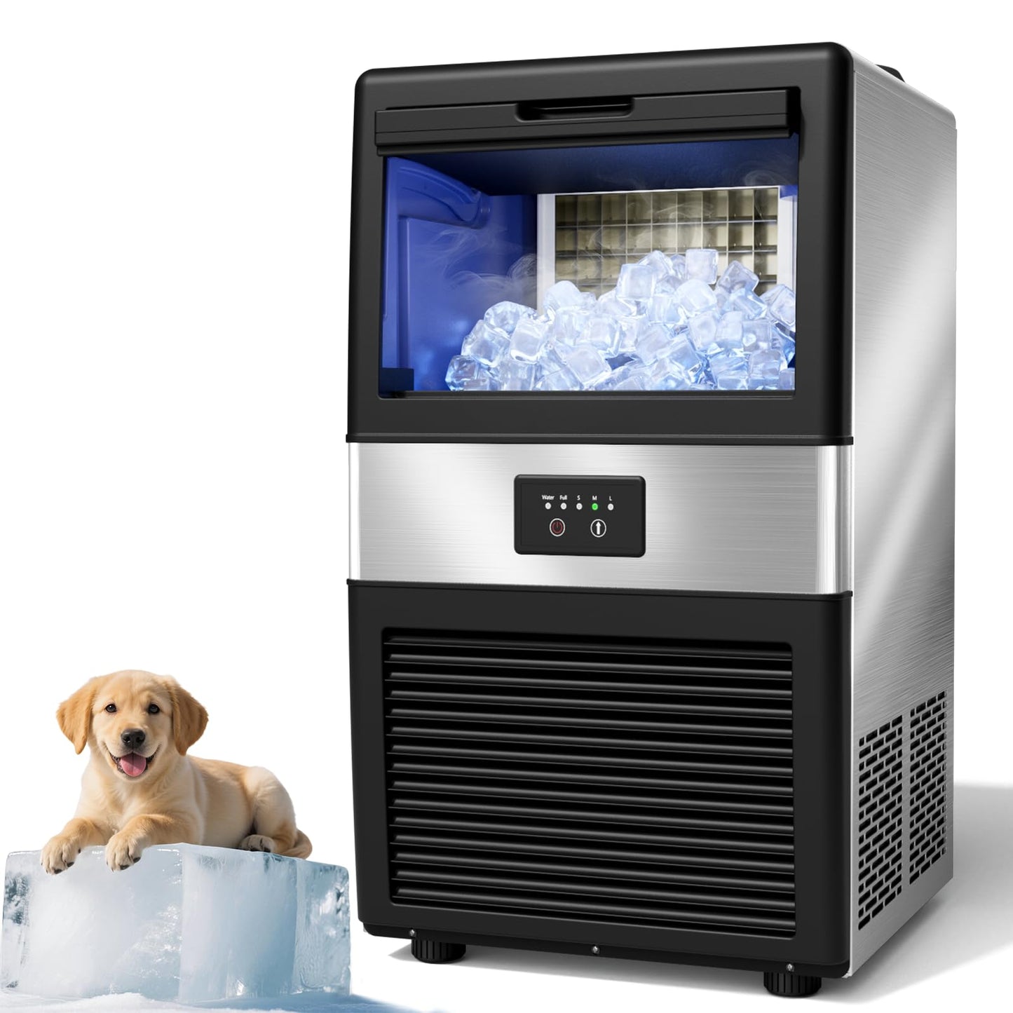 Ice Maker, Commercial Ice Machine,90Lbs/Day, Stainless Steel Ice Machine with 18Lbs Capacity,36 Ice Cubes Per Cycle Ideal for Restaurant, Bars, Home and Offices, Includes Scoop Silver