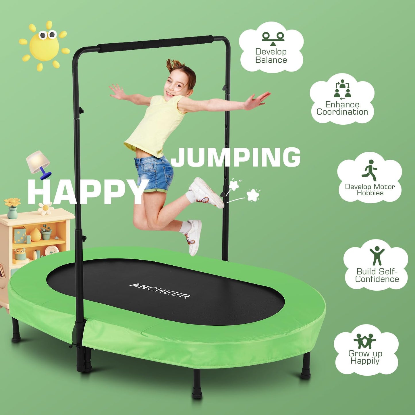 ANCHEER Foldable Trampoline, Mini Rebounder Trampoline with Adjustable Handle, Exercise Trampoline for Indoor/Garden/Workout Cardio, Parent-Child Twins Trampoline Max Load 220lbs (Training Green)