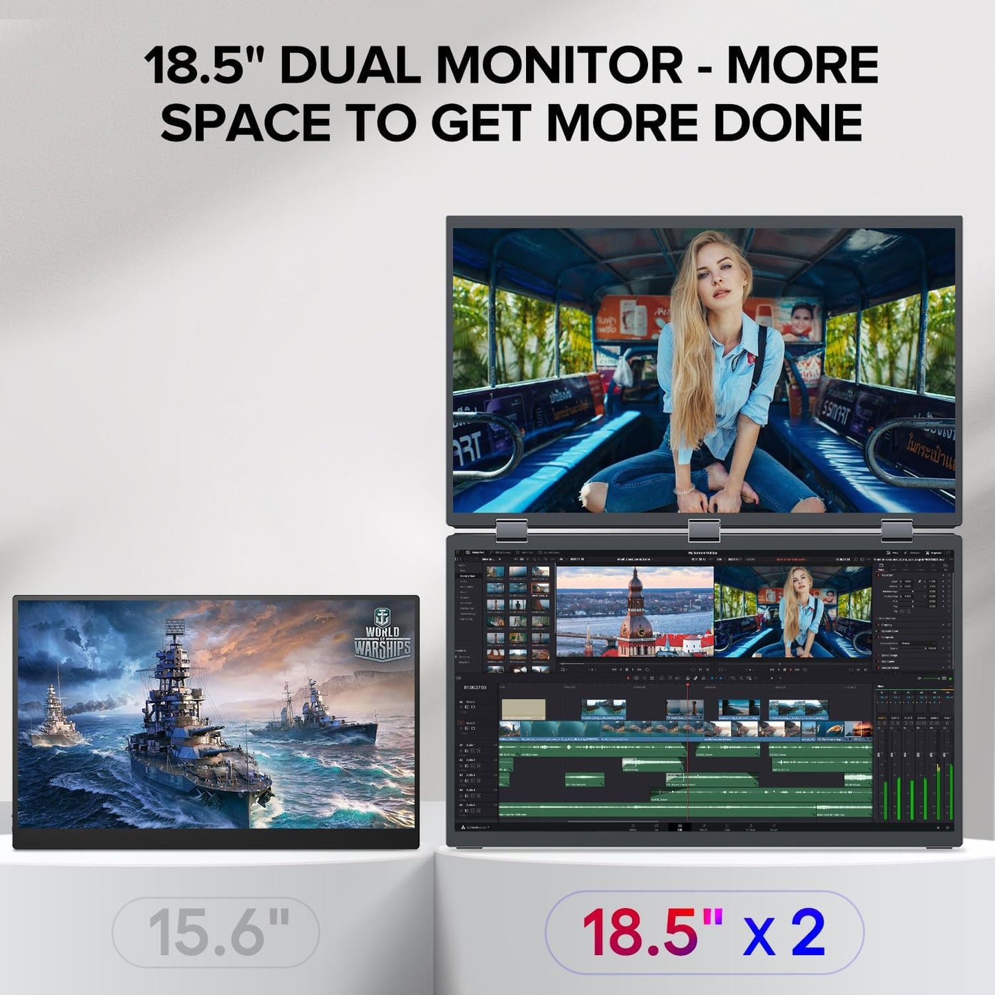 sibolan 18.5" Dual Screen Portable Monitor Set 100Hz, 100% sRGB, 1080P HDR - 330° Rotation, Folding Design, Versatile Solution for PC, Mobile Phone, Game Console, Including Stand, Plug and Play