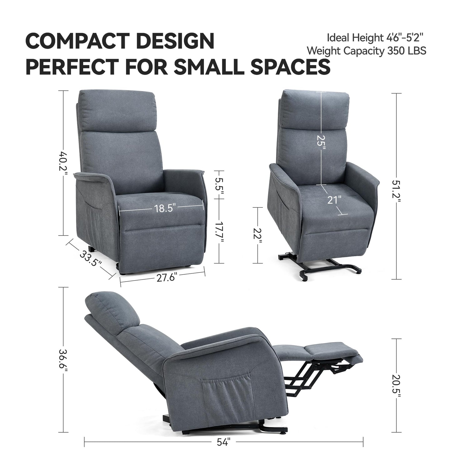 OKUP Power Lift Recliner Chair with Massage and Heat for Petite Elderly, Small Lift Chair with Side Pocket Remote Control, Infinite Position, Fabric, Dark Grey