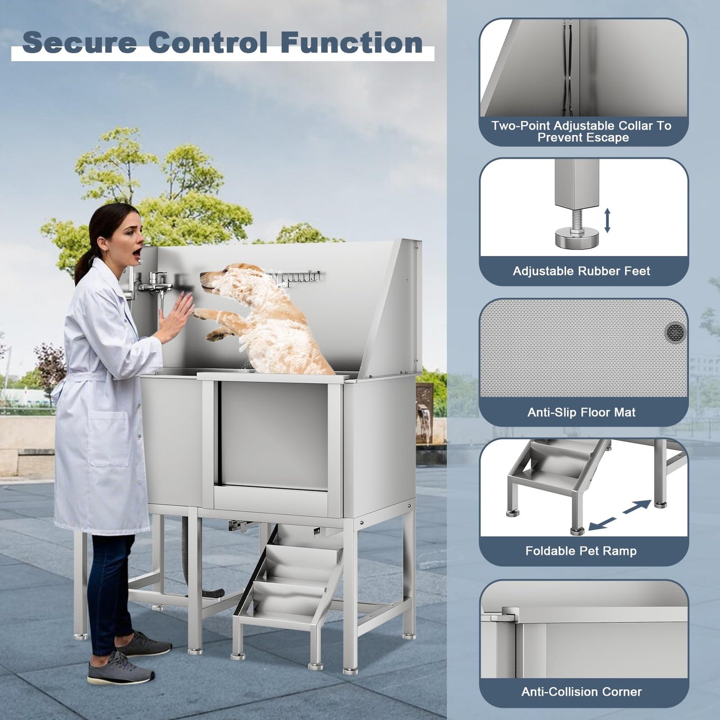 COOLYI 50'' Stainless Steel Dog Washing Station for Large Dogs, Heavy Duty Dog Grooming Bathtub with Bath Brush & Washing Gloves, Pet Bathtub for Dogs with Retractable Ramp (50'' x 27.5'' x 61.6'')