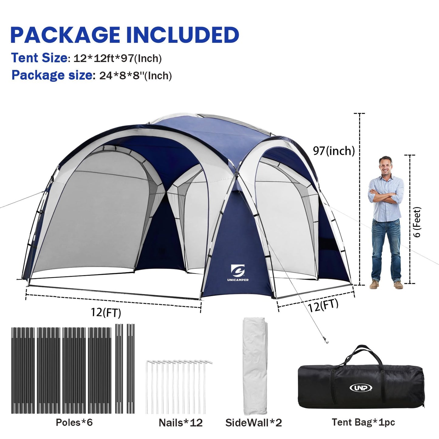 UNICAMPER Large Beach Canopy Tent UPF 50+ 12x12 ft Waterproof & Rainproof Dome Sun Shelter for 8-10 Person with 2 Side Walls, Perfect for Camping, Backyard, Fishing, Parties, Picnics