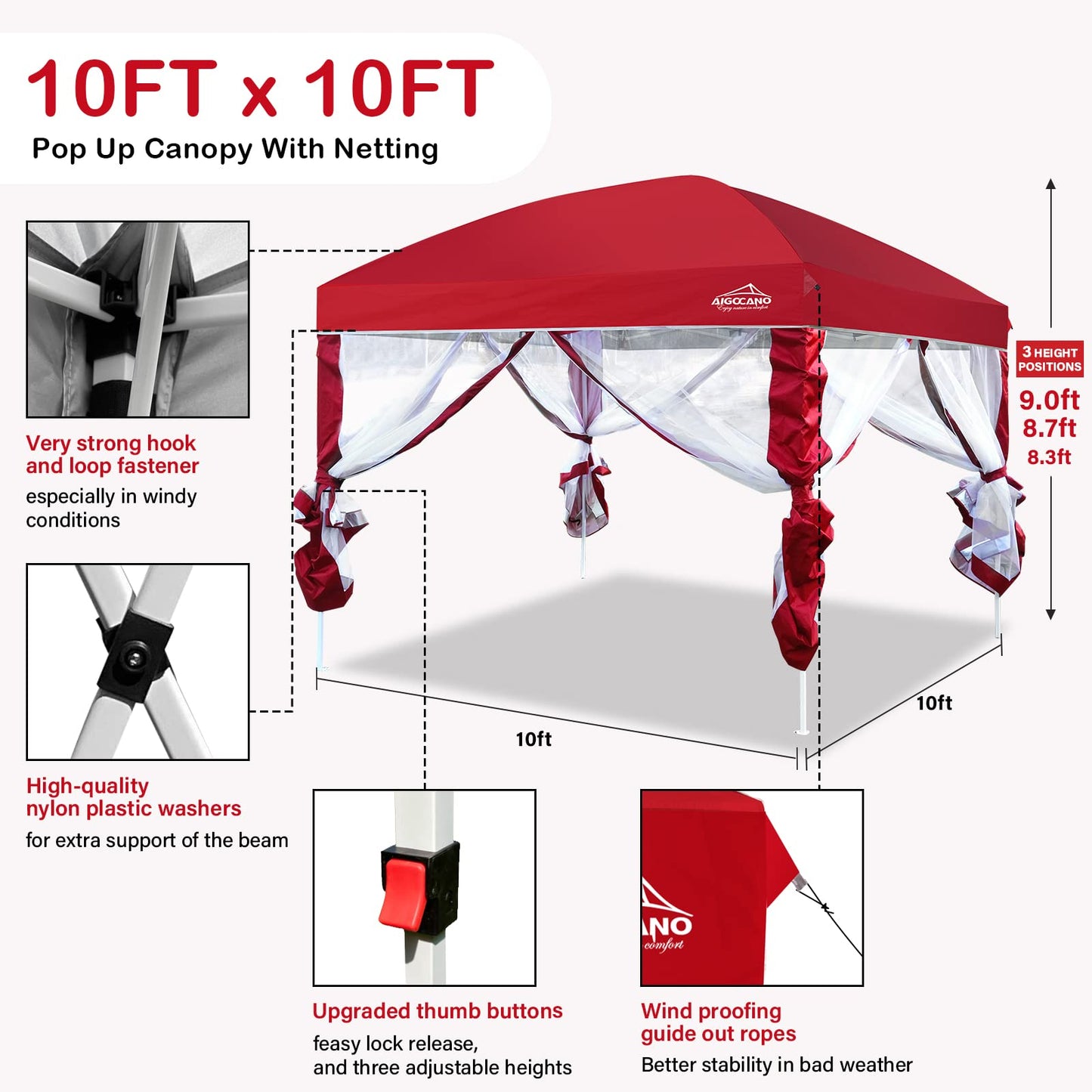 AIGOCANO Canopy Tent with Netting Screen,10x10 Easy Pop Up Gazebo for Outdoor Parties,Camping,Foldable Patio Gazebo with Roller Bag and 4 Sandbags (Red)