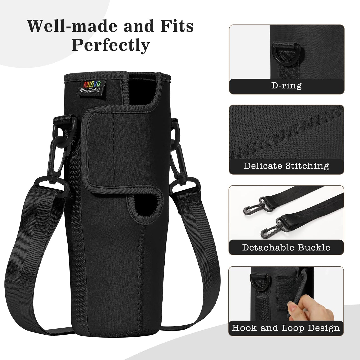 Nuovoware Water Bottle Carrier Bag Fits Stanley 40 Oz Tumbler with Handle, Water Bottle Bag with Adjustable Shoulder Strap, Neoprene Water Bottle Holder for Stanley Water Bottle Accessories, Black