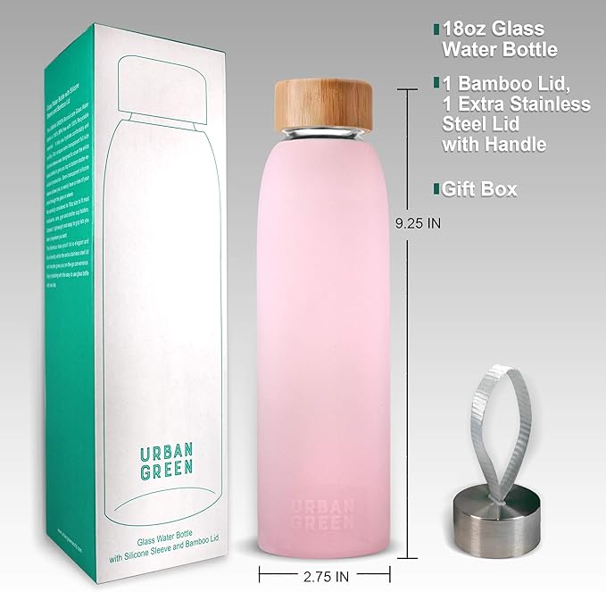 Urban Green Glass Water Bottle with Protective Silicone Sleeve and Bamboo Lid, 18oz, 1extra 304 Stainless Steel Lid with Handle, BPA Free, Dishwasher Safe, Valentine Gift