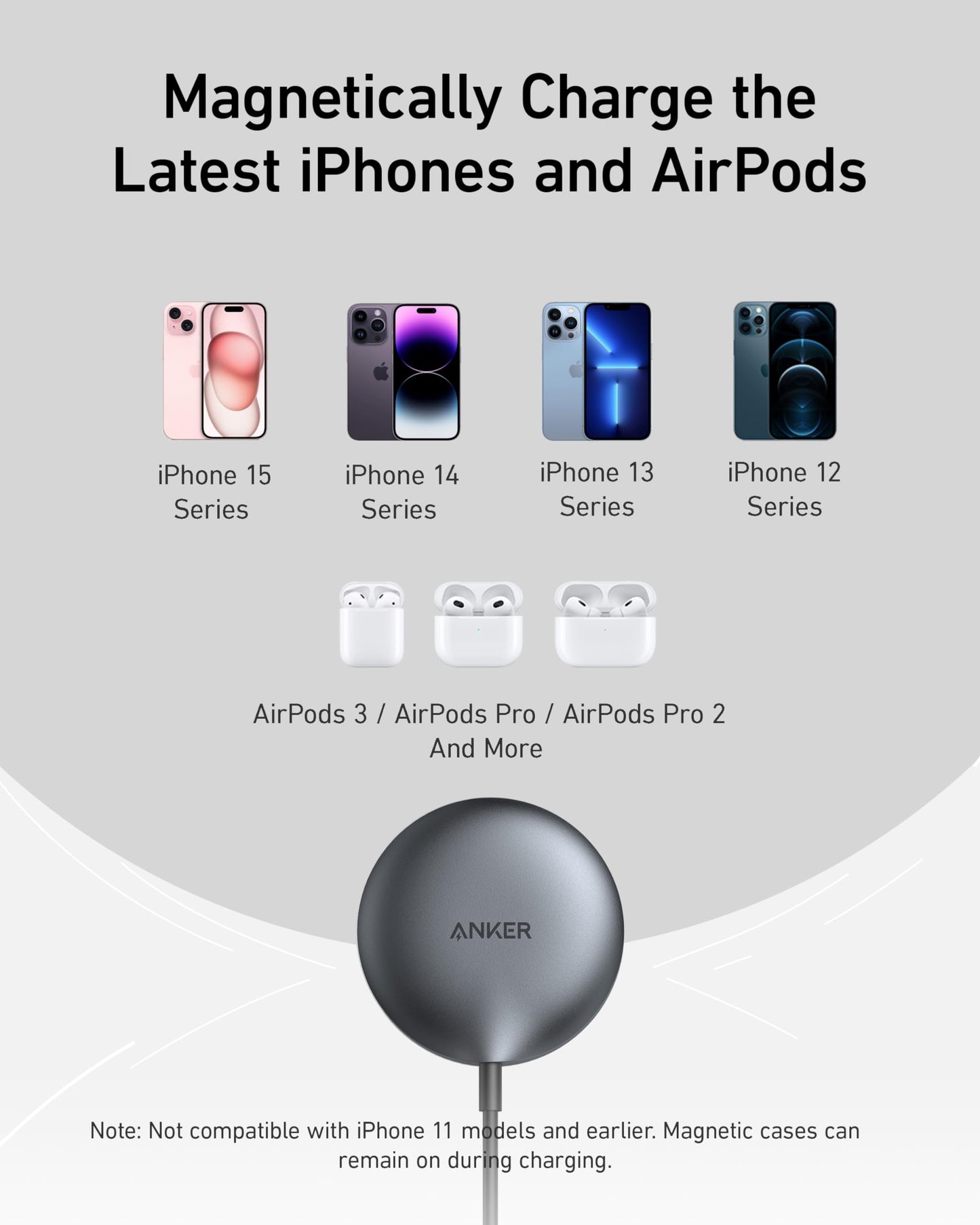 Anker MagSafe Charger Pad, MagGo iPhone 16 Wireless Charging Pad, Qi2 Certified 15W Wireless Charger, Compatible with iPhone 16/16 Plus/16 Pro/16 Pro Max/15/14/13/12 Series (USB-C Adapter Included)