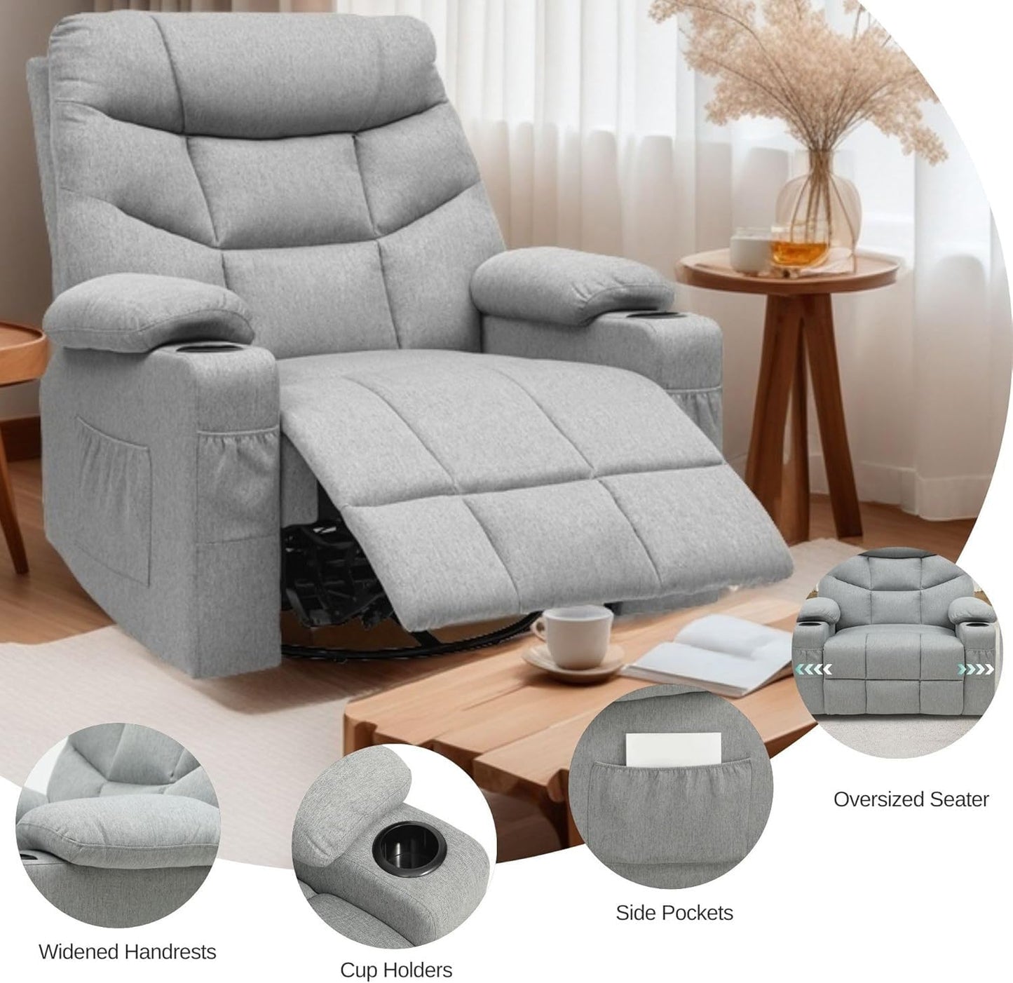 YITAHOME Oversized Swivel Rocker Recliner Chair with Massage & Heat, 270° Rocking Fabric Recliner for Big and Tall, Cup Holders & Side Pockets, Comfortable Theater Seating for Living Room, Gray