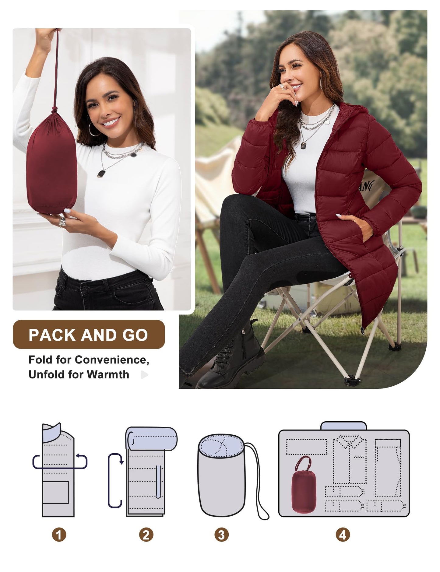 ANOTHER CHOICE Women Packable Puffer Jacket Lightweight Hooded Puffy Jacket (Wine Red, S)
