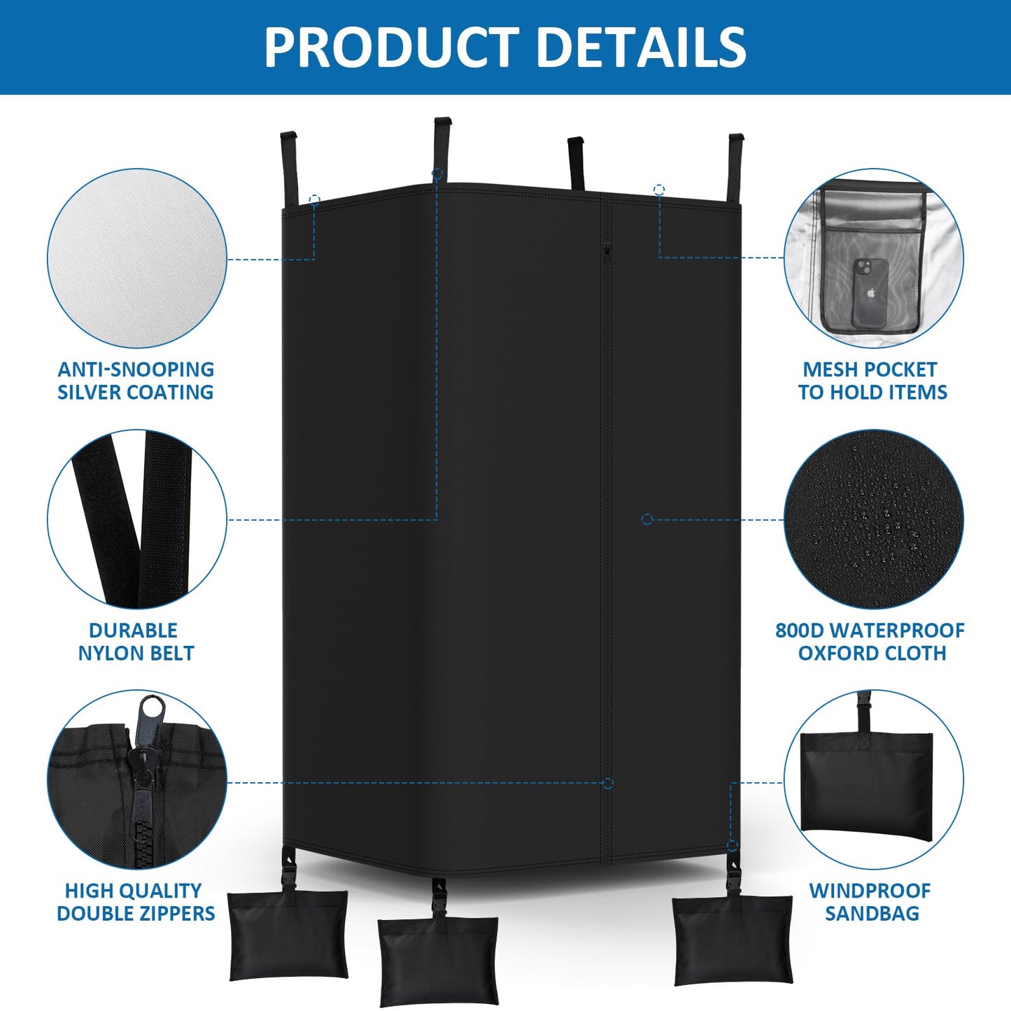 Yexcend Privacy Tent for Boats, 800D Waterproof Fabric Boat Privacy Curtain Pontoons Changing Room with Windproof Sandbags, Easy to Install Under Bimini Top, 30" D x 27" x W 72" H
