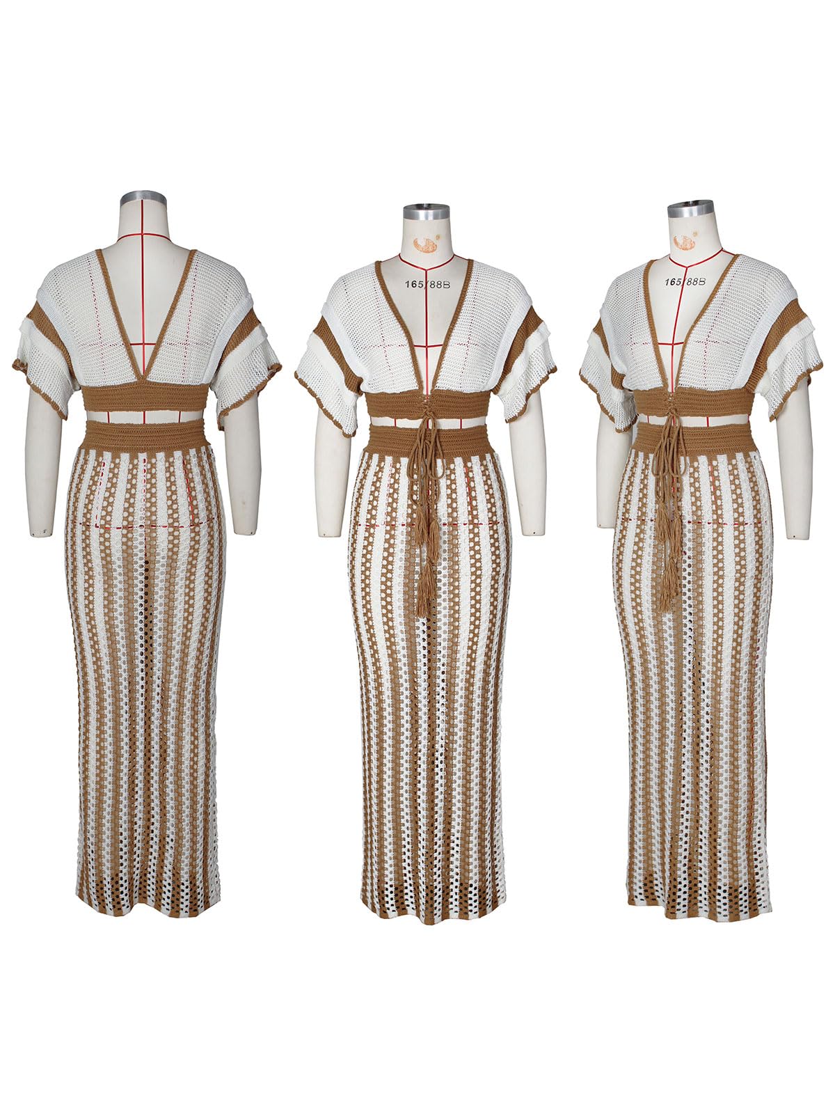 Angsuttc Two Piece Cover Ups for Women Crochet Hollowed Out Short Sleeve Vneck Crop Shirts Maxi Skirt Outfits Khaki XL