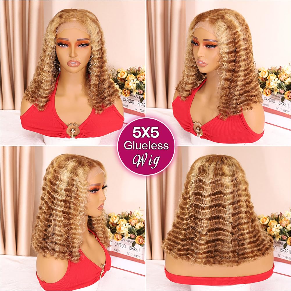 Ailwelia Highlight Blonde Wear And Go Glueless Curly Bob Wig Pre Plucked 4/27 5x5 Hd Lace Closure Wigs Human Hair For Black Women 200% Density Deep Wave Glueless Wigs Human Hair Bob 12 Inch