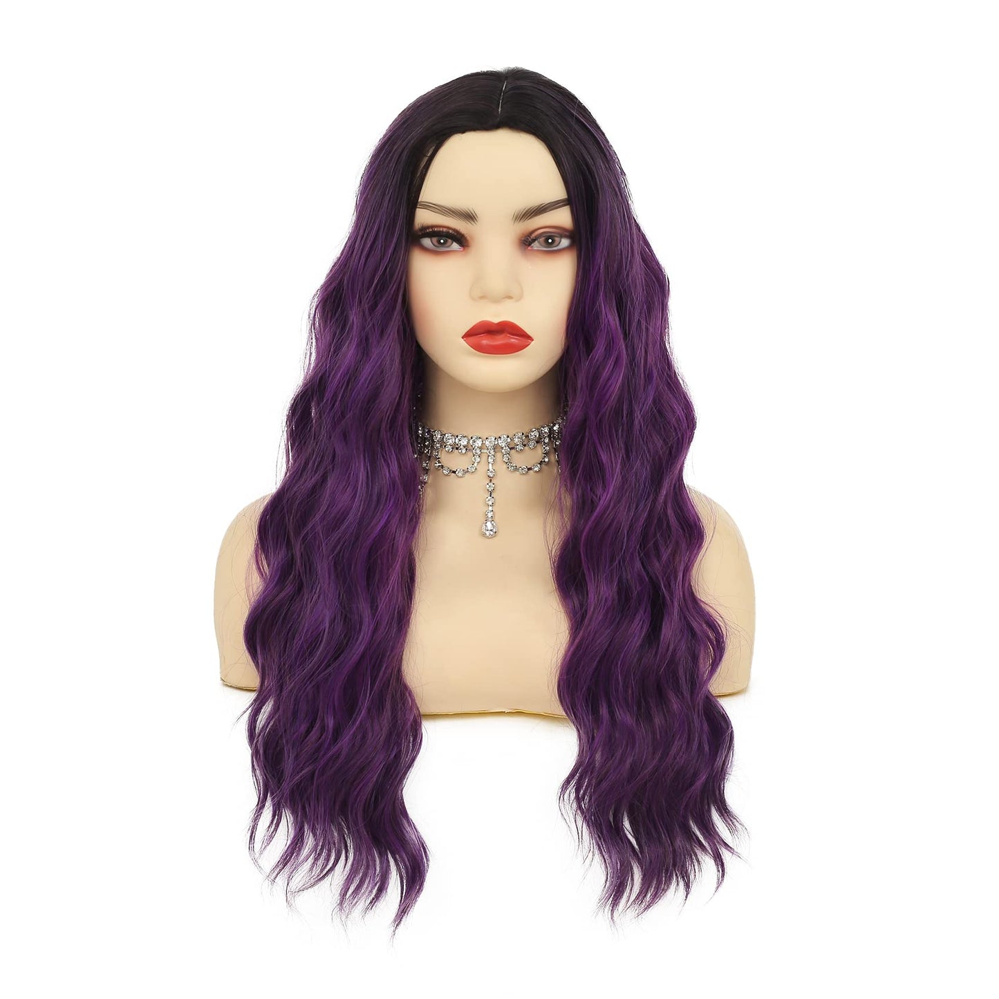 Amnenl Ombre Purple Curly Women Wigs Long Wave Dark Roots Middle Part Synthetic Wigs for Halloween Cosplay Wig