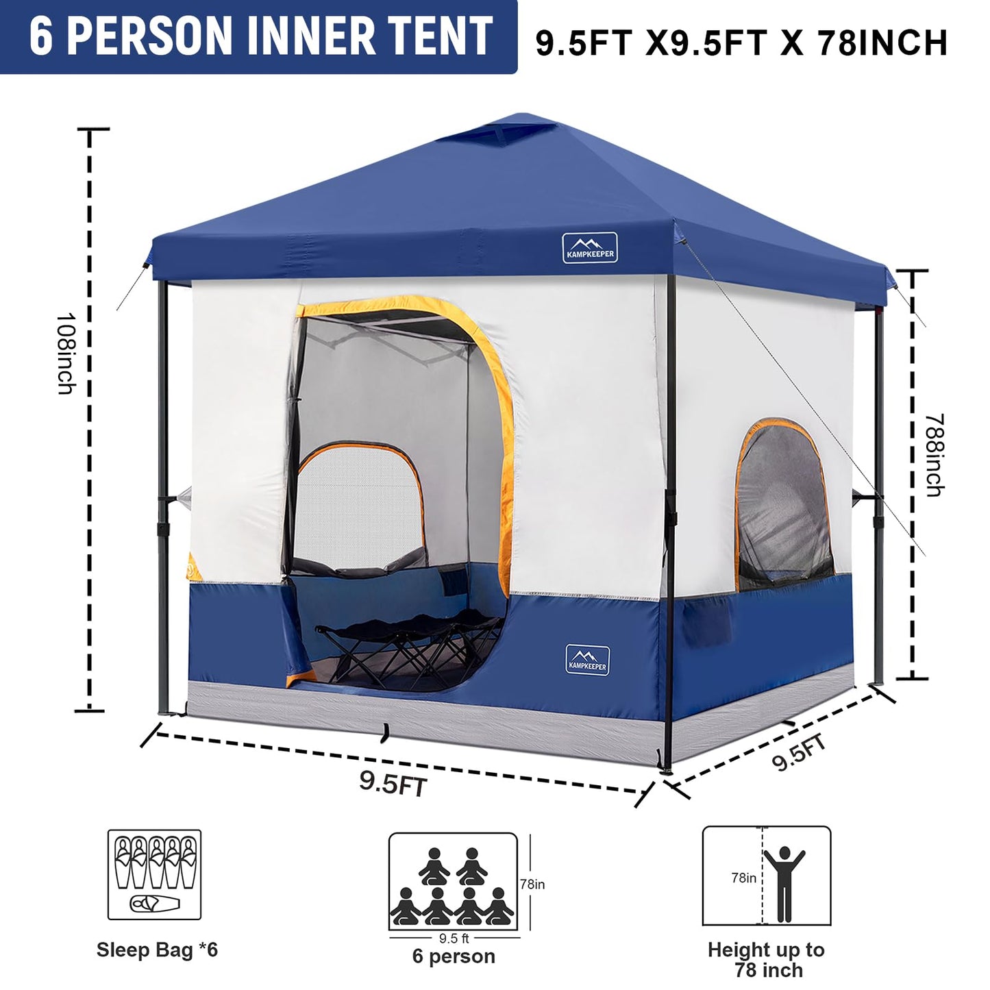 KAMPKEEPER 6 Person Camping Tent, 10x10 Pop Up Canopy Tent with Camping Cube, Converts 10'x10' Straight Leg Canopy into Camping Inner Tent–Fully Vented Roof(Canopy & Frame Included) (Navy Blue)