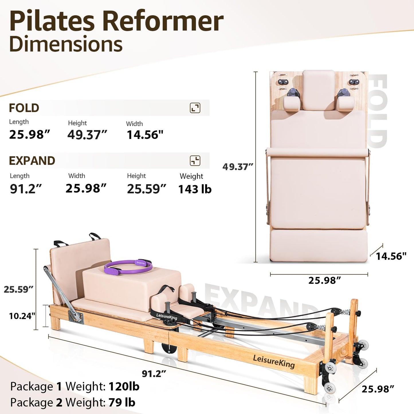 LeisureKing Pilates Reformer Machine, Quick-Assembly Foldable Studio Grade Pilates Equipment for Gym and Home, Oak Wood Pilates Reformer with Reformer Accessories