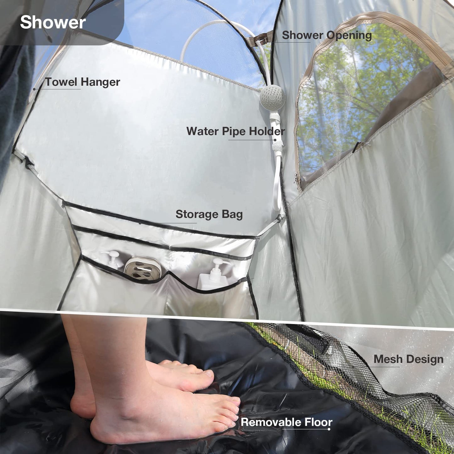 TRIPTIPS Pop Up Shower Tent with Floor Changing Tent with Mesh Window Camping Shower Tent 6.9 FT Privacy Tent for Portable Toilet Outdoor Portable Dressing Room, Removable Rain Cover/UPF 50+