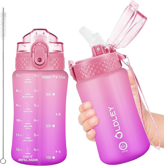OLDLEY Kids Water Bottle for School, 12 oz (Straw Lid) BPA-Free Reusable Leak-proof Durable Tritan Plastic Water Bottles with One-handed Opening Straw Lids, Anti-dust Spout Cover (Sweet Pink)