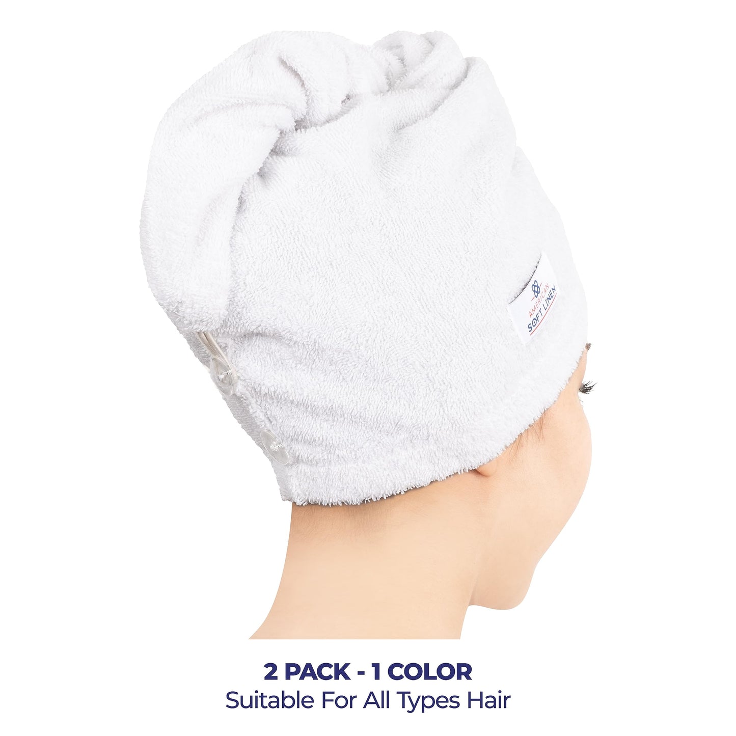 American Soft Linen 100% Cotton Hair Towels for Women, Head Towel Cap, Cotton Hair Turban Towel Wrap for Long Curly Anti Frizz Hair, Soft and Absorbent Cotton Hair Towels 2 Pack, White