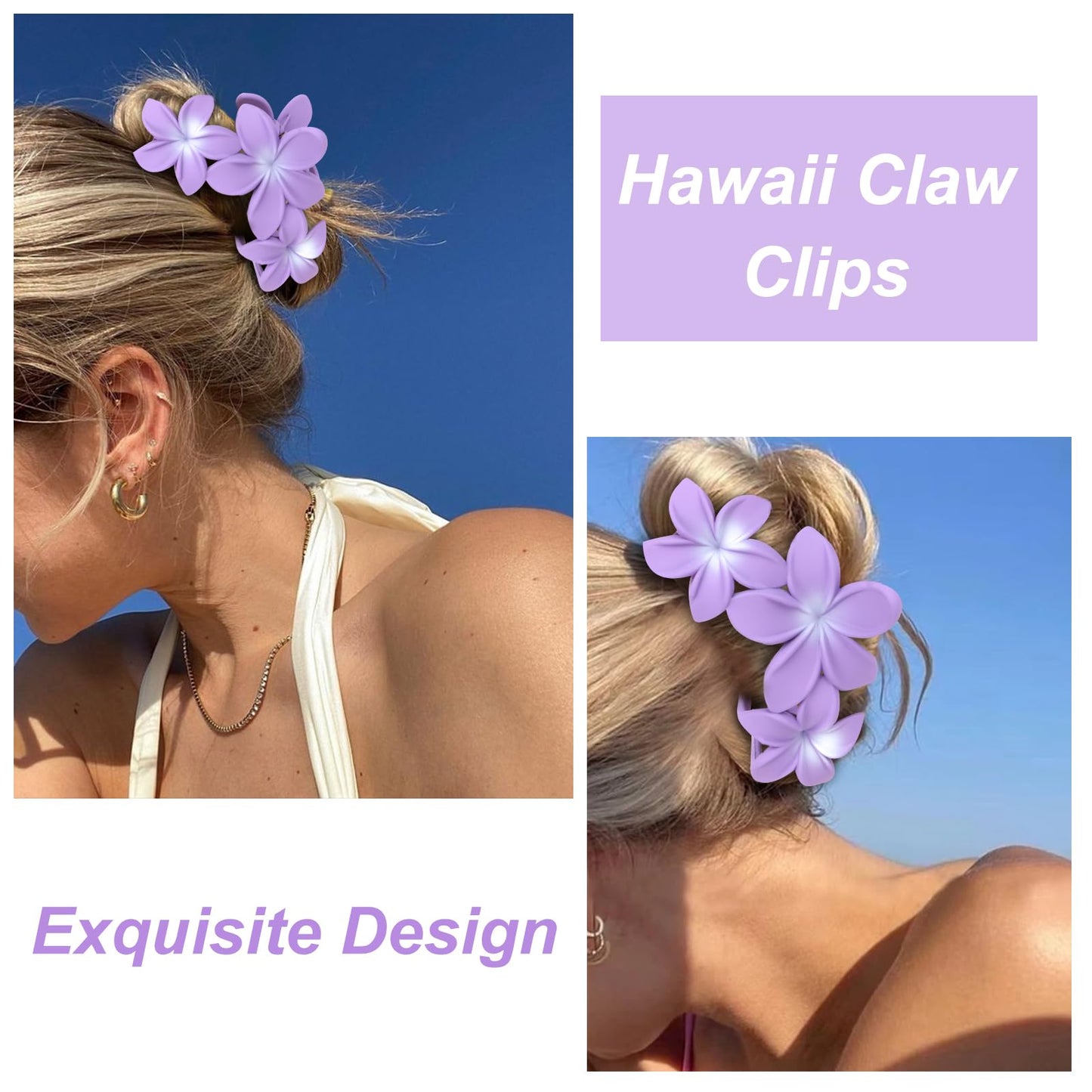 ANBALA Hair Clip, 4PCS Flower Design Plumeria Hair Clips, Large Non-Slip Strong Hold Claw Clips for Thick Hair, Beach Hair Accessories for Women Girls (Purple)