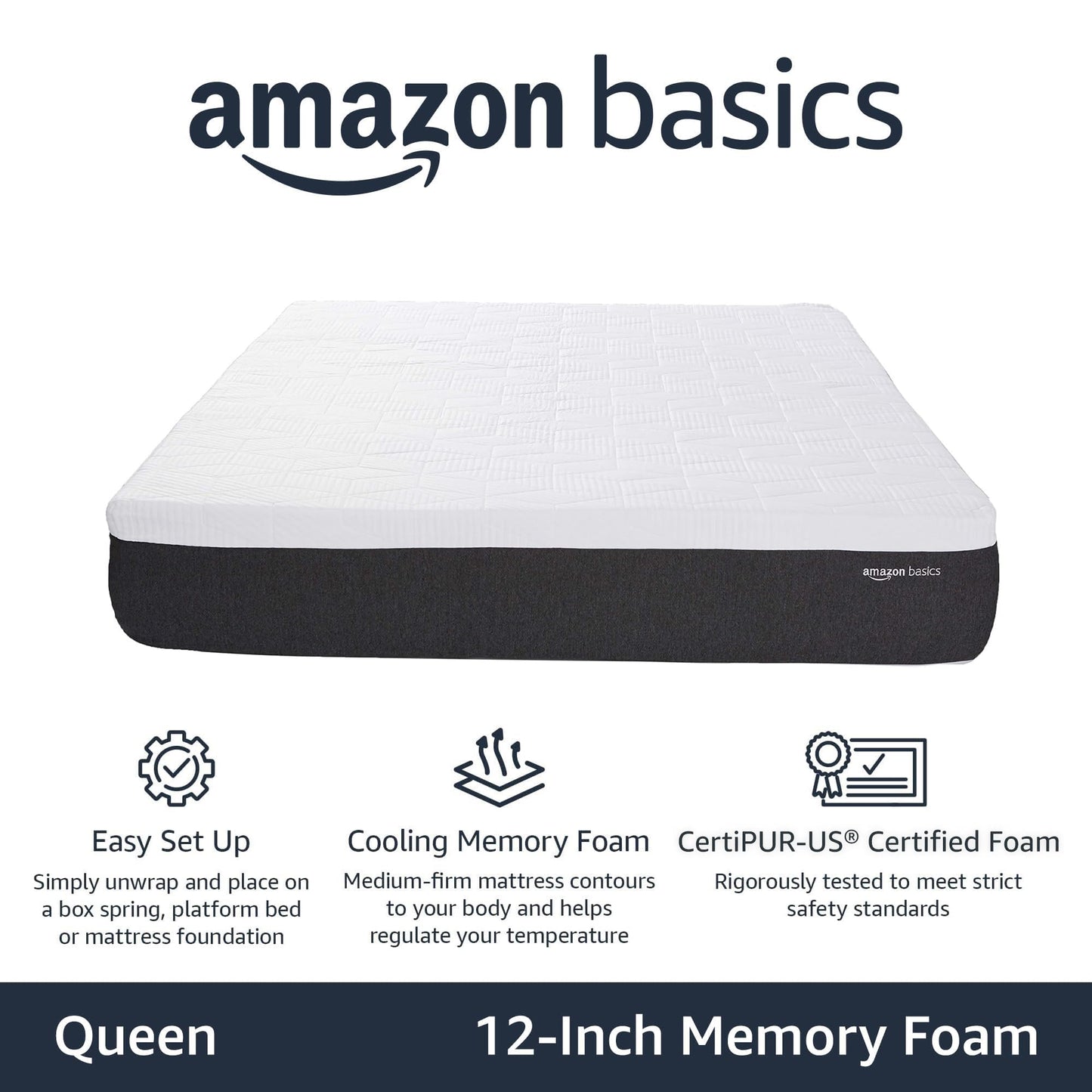 Amazon Basics Gel Memory Foam Mattress, Firm, Cooling, Queen Size Mattress, CertiPUR-US® Certified Foam, 80 x 60 x 12 inches, White/Dark Gray