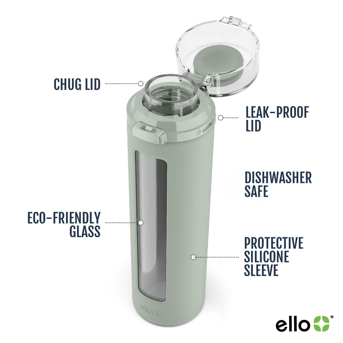 Ello Syndicate 20oz Reusable Glass Water Bottle with One-Touch Leak Proof Flip Lid, Protective Non-Slip Silicone Sleeve, Carry Loop for Coffee, Tea and Water, BPA-free, Dishwasher Safe, Sage