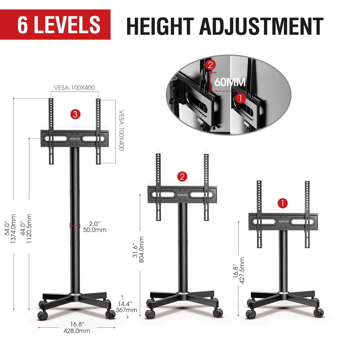 AOKCOS TV Cart Rolling TV Stand - Mobile TV Stand for 32-65 inch Flat/Curved TVs Holds up to 88 Lbs, Portable TV on Wheels with Tilting for Living Room, Bedroom, Office, Max VESA 400x400mm