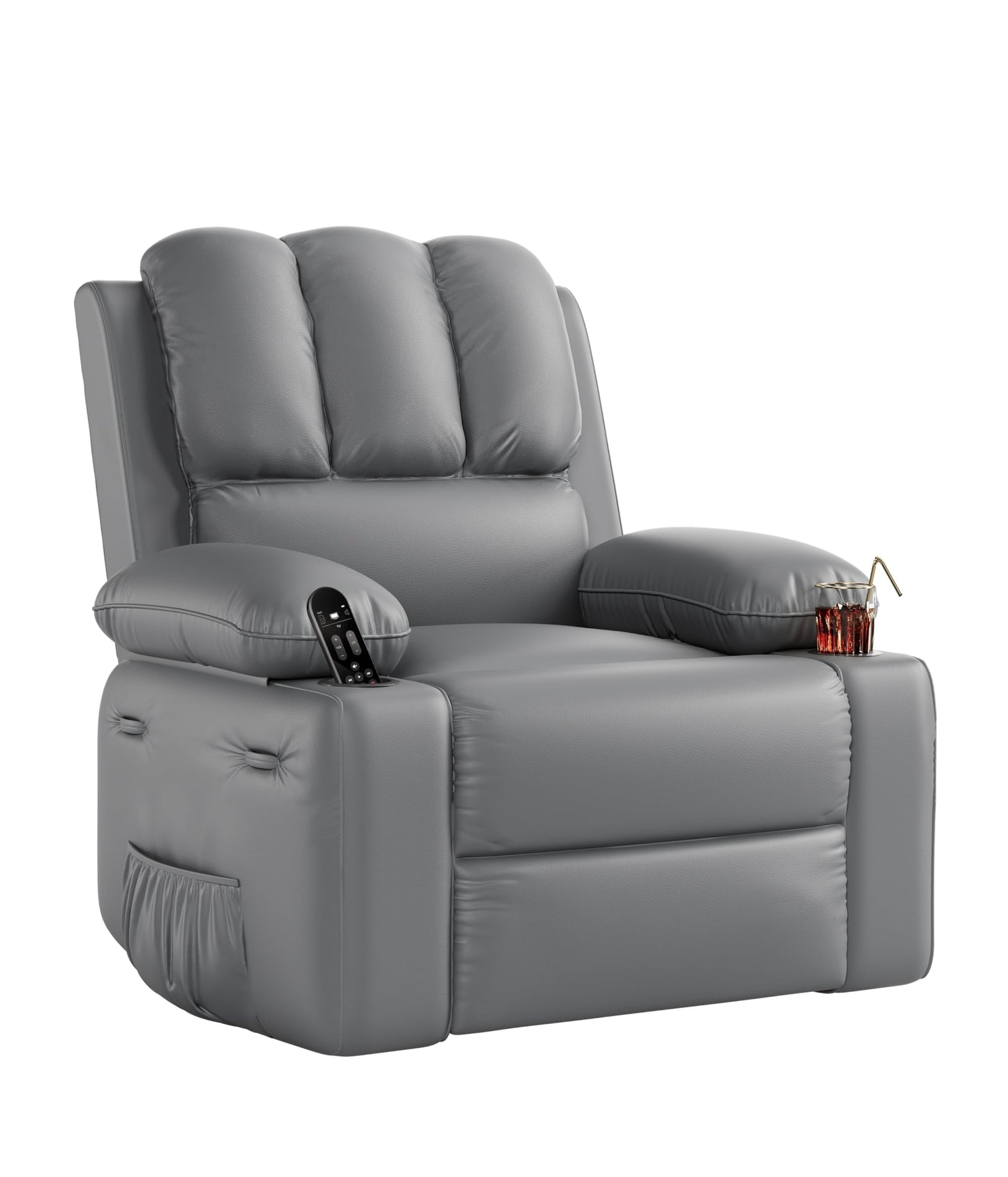 Garvee 22'' Recliner Chair for Adults, Manual Recliner with 1.5X Sponge Filling, PU Leather Single Sofa with Cup Holders and Side Pockets, for Nursery, Living Room, Bedroom, Light Grey