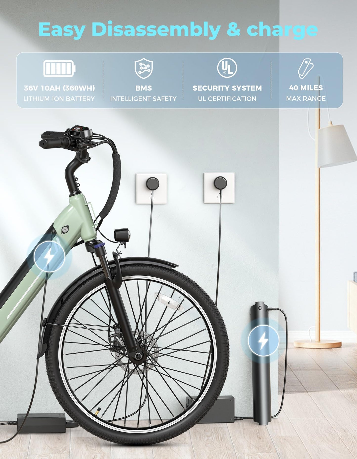 Jasion YC1 ST 26" Electric Bike, 750W Peak Motor, Step-Through Ebike for Adults, 360WH Removable Battery, Up to 40miles, Max 23MPH Urban Commuter E-Bike, 7 Speeds & Front Suspension