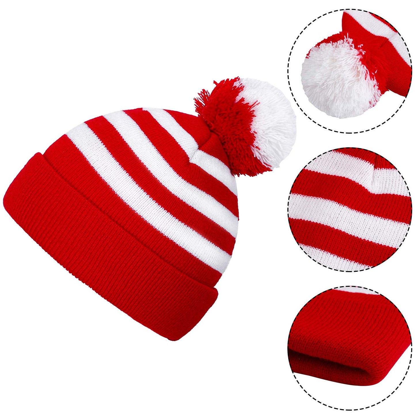 Aneco Halloween Red White Knit Beanie with Pompoms Nerd Costumes Glasses for Men and Women