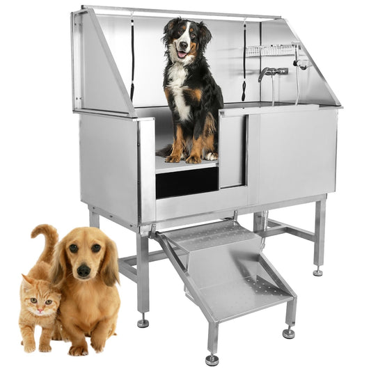 PioneerWorks 50" Pet Dog Grooming Bathing Station, Professional Stainless Steel Dog Grooming Tub w/Removable Ramp, Storage Drawer, Floor Grate, Dog Bathtab for Large, Medium & Small Pets, Left Door