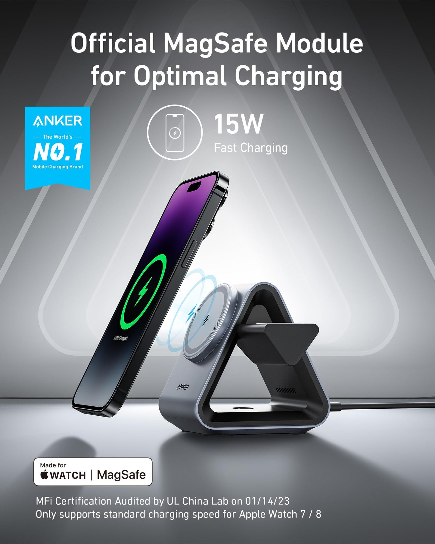 Anker MagSafe Charger Stand, 737 MagGo Charger, 3-in-1 Charging Stand with MFi-Certified 15W Max Fast Charging, iPhone 15/14/13/12 Series, Apple Watch S8/7/6, AirPods, 30W USB-C Adapter Included