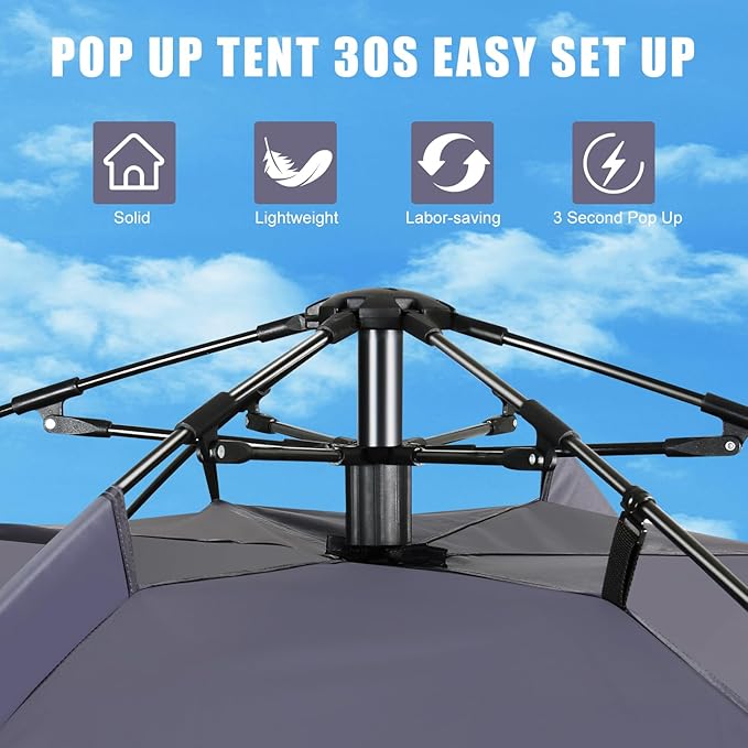 1/2/3/4 Person Pop-Up Camping Tent, Instant Setup Family Tent with Double Layer & Large Mesh Windows, Portable for Hiking, Backpacking & Outdoor Adventures, Waterproof & Windproof