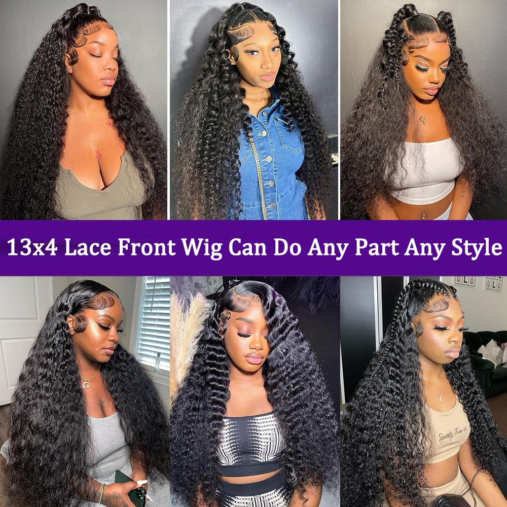 ANDRIA 13x4 HD Lace Front Wigs 28 Inch Black Curly Lace Front Wig with Baby Hair Pre-Plucked Glueless Lace Frontal Wigs Heat Resistant Synthetic Hair 200% Density Natural Color Long Deep Wave Wigs